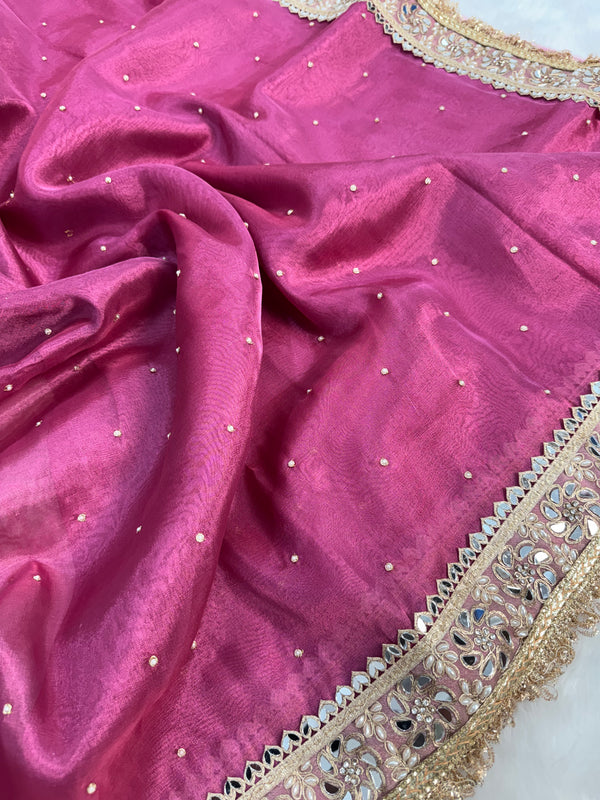 Fuscia Pink Noor-e-Zar Pearl Motif Handwork Saree