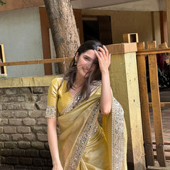 Yellow Gold Banarasi Rajkumari Mirror Work Tissue Silk Saree