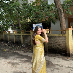 Yellow Gold Banarasi Rajkumari Mirror Work Tissue Silk Saree