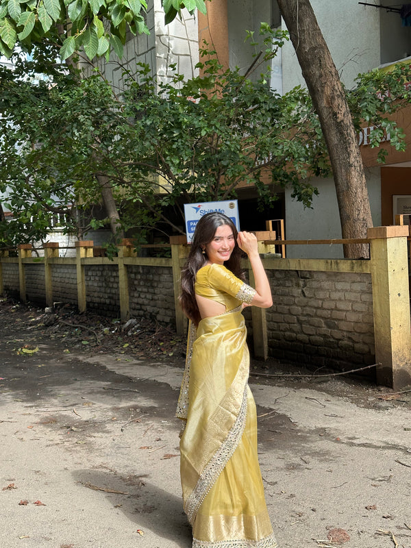 Yellow Gold Banarasi Rajkumari Mirror Work Tissue Silk Saree