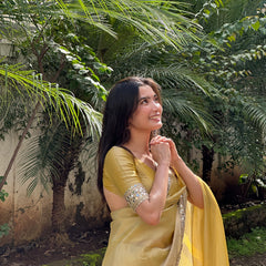 Yellow Gold Banarasi Rajkumari Mirror Work Tissue Silk Saree