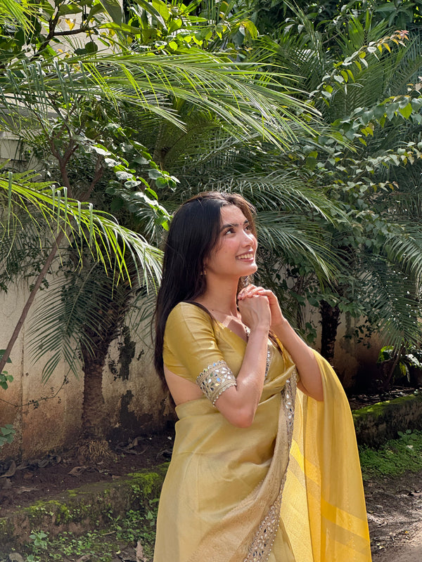 Yellow Gold Banarasi Rajkumari Mirror Work Tissue Silk Saree
