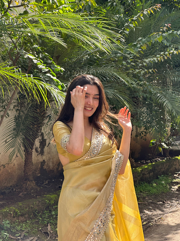 Yellow Gold Banarasi Rajkumari Mirror Work Tissue Silk Saree