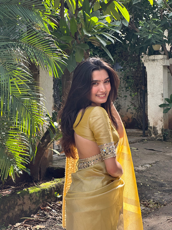 Yellow Gold Banarasi Rajkumari Mirror Work Tissue Silk Saree