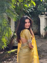 Yellow Gold Banarasi Rajkumari Mirror Work Tissue Silk Saree