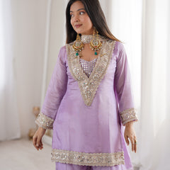 Orchid Lavender Afsara Mirror Work Tissue Sharara Suit Set