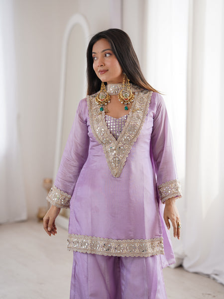 Orchid Lavender Afsara Mirror Work Tissue Sharara Suit Set