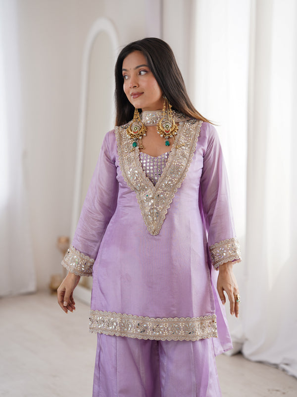 Orchid Lavender Afsara Mirror Work Tissue Sharara Suit Set