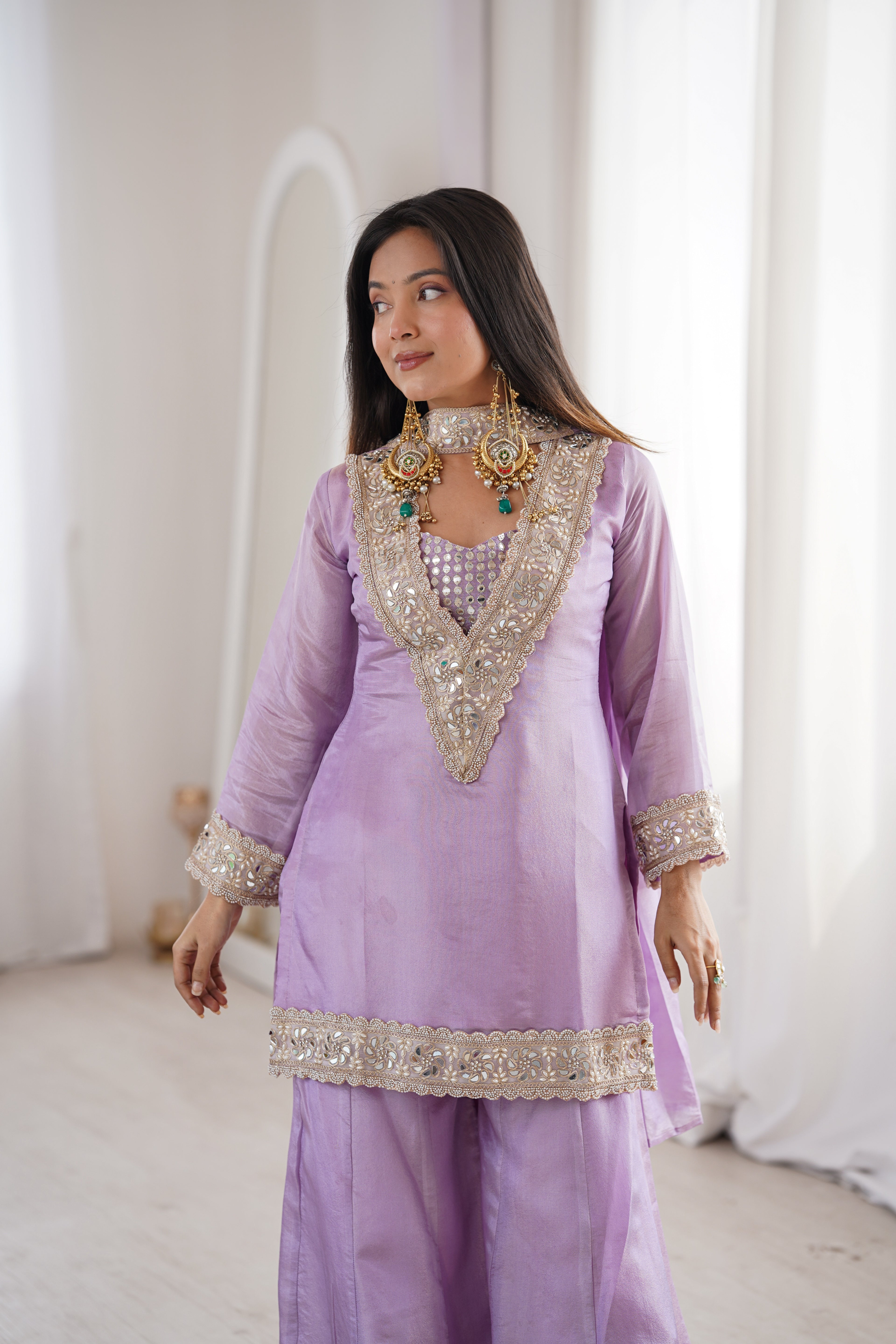 Orchid Lavender Afsara Mirror Work Tissue Sharara Suit Set