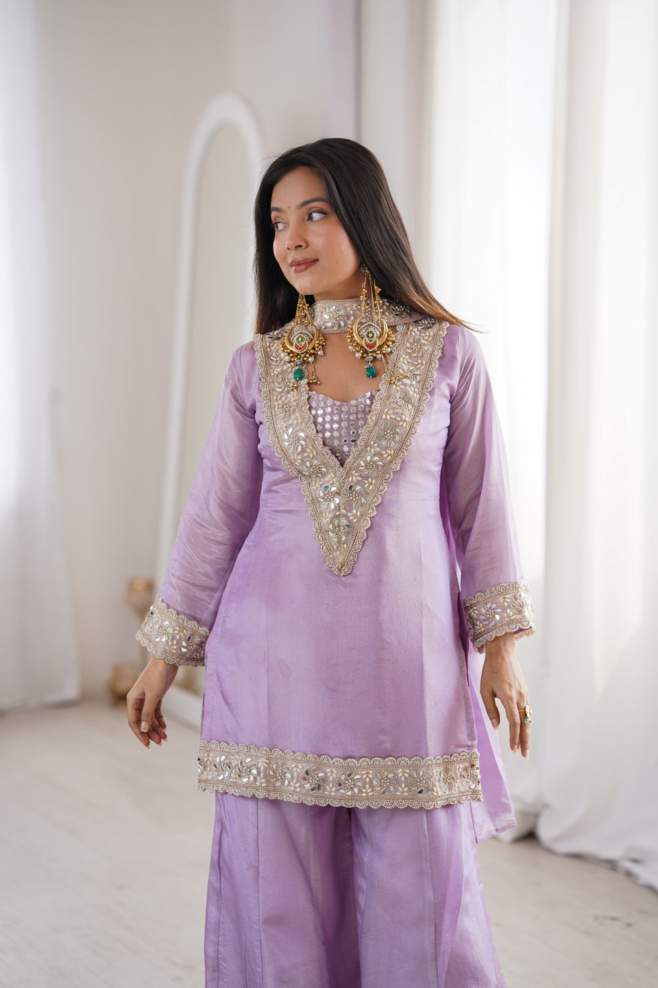 Orchid Lavender Afsara Mirror Work Tissue Sharara Suit Set