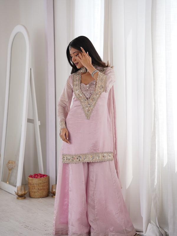 Subtle Pink Afsara Mirror Work Tissue Sharara Suit Set