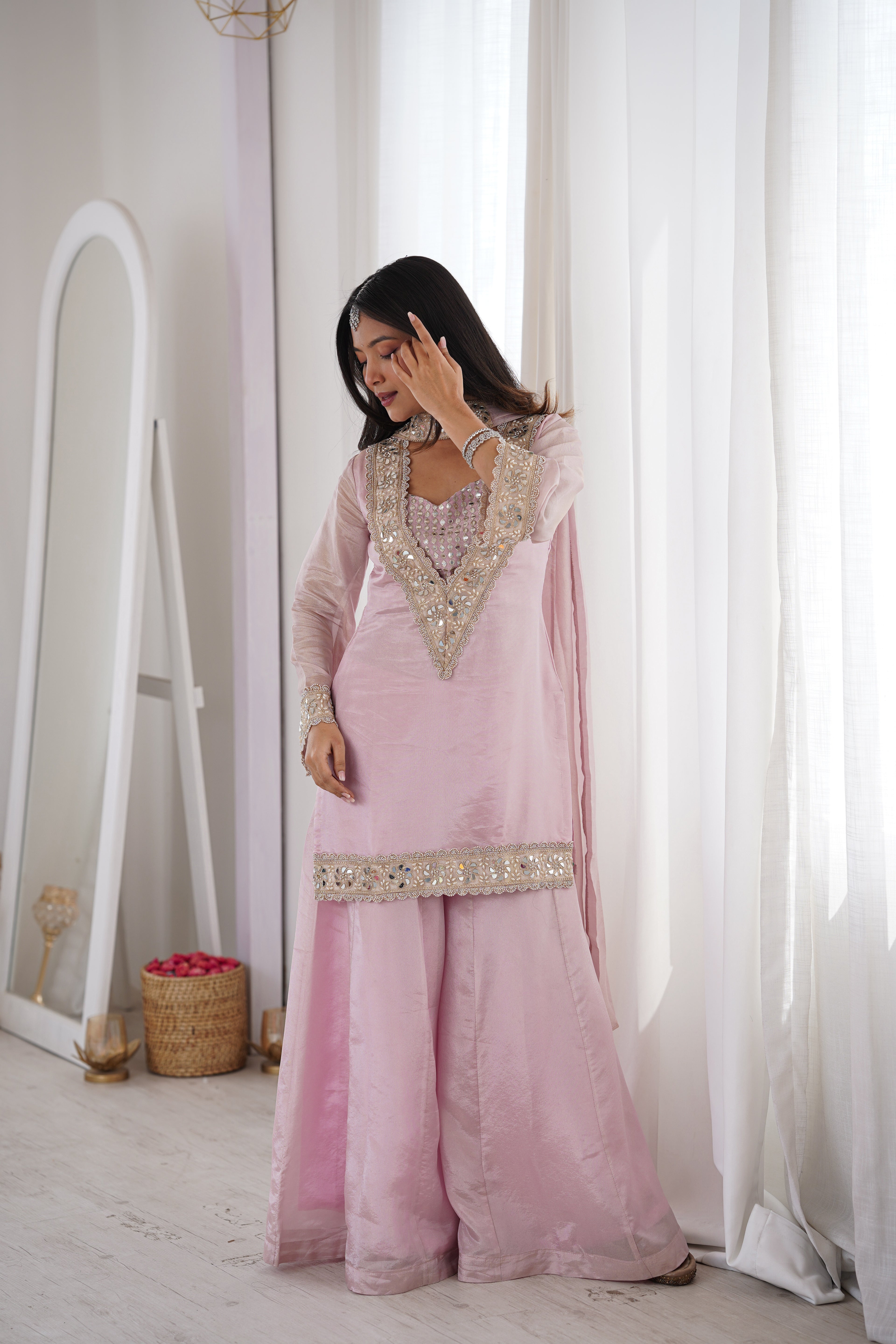 Subtle Pink Afsara Mirror Work Tissue Sharara Suit Set