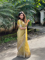 Yellow Gold Banarasi Rajkumari Mirror Work Tissue Silk Saree