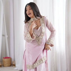 Subtle Pink Afsara Mirror Work Tissue Sharara Suit Set
