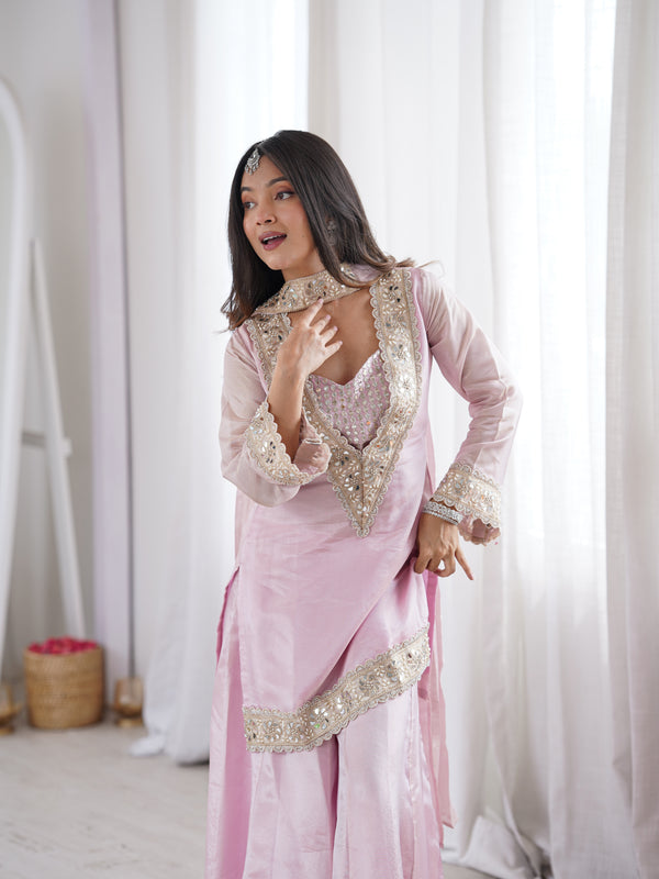 Subtle Pink Afsara Mirror Work Tissue Sharara Suit Set