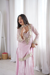 Subtle Pink Afsara Mirror Work Tissue Sharara Suit Set
