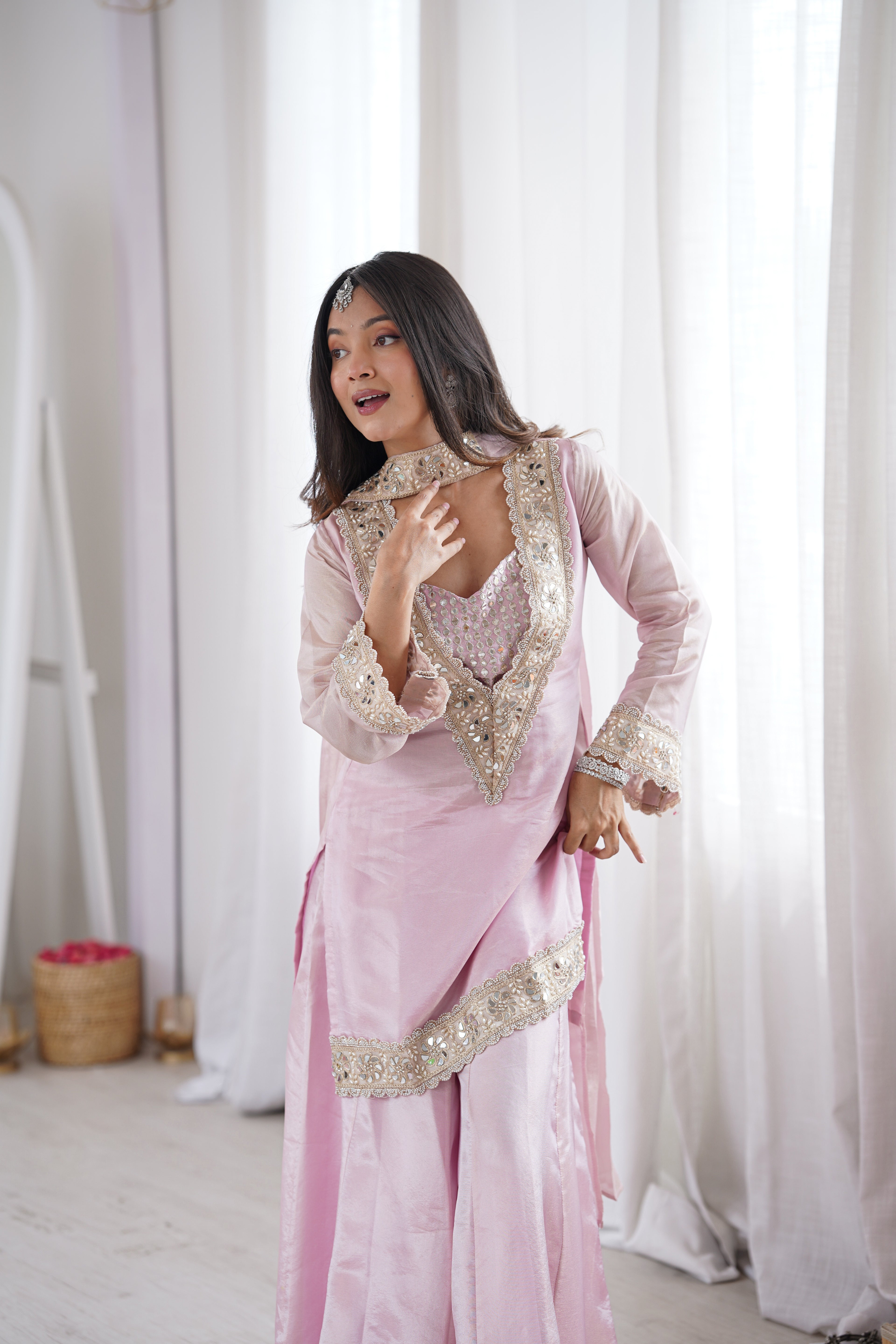 Subtle Pink Afsara Mirror Work Tissue Sharara Suit Set