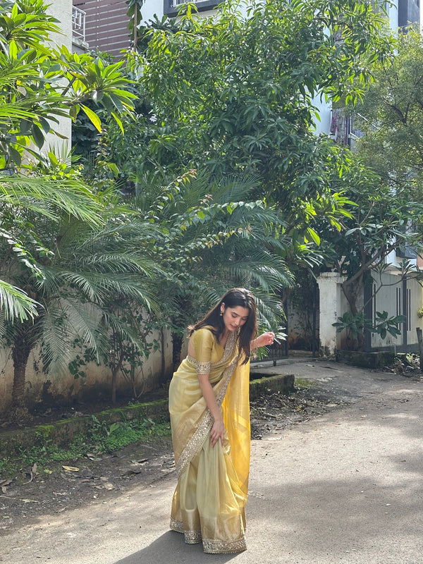 Yellow Gold Banarasi Rajkumari Mirror Work Tissue Silk Saree