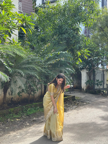 Yellow Gold Banarasi Rajkumari Mirror Work Tissue Silk Saree