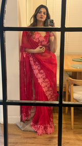 Scarlet Petal Embroidered Cutwork Soft Organza Saree