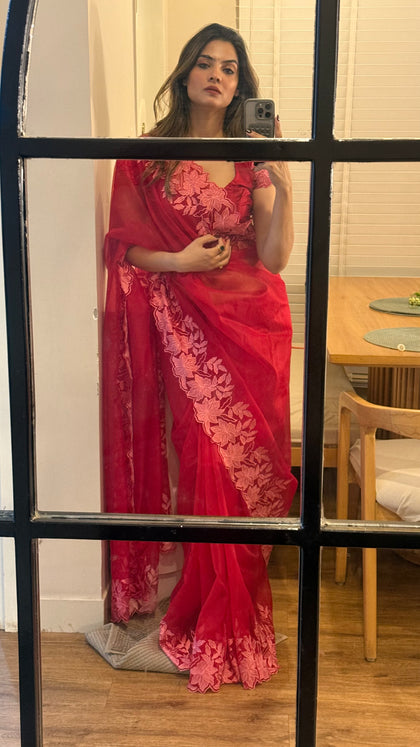 Scarlet Petal Embroidered Cutwork Soft Organza Saree