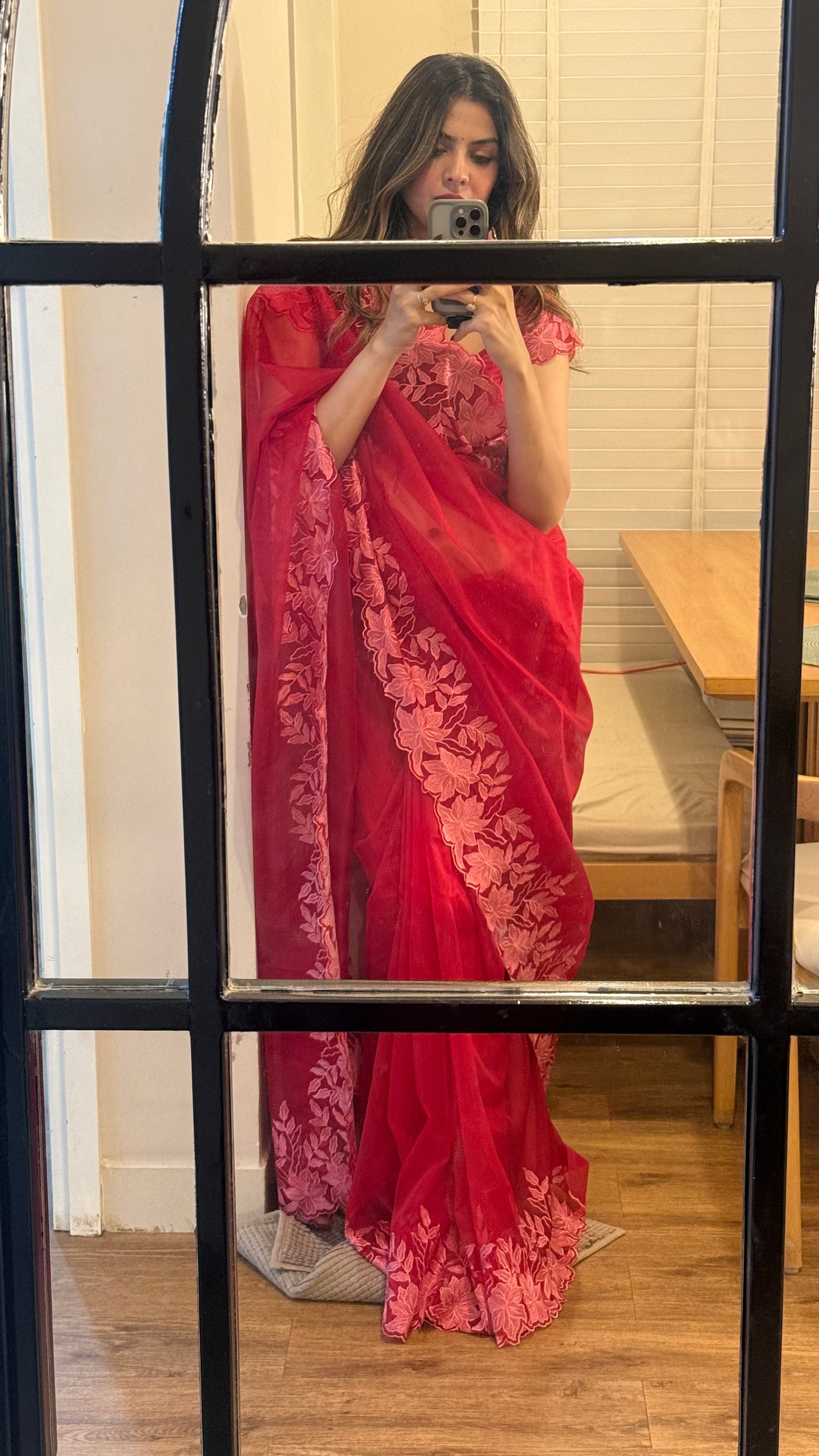 Scarlet Petal Embroidered Cutwork Soft Organza Saree