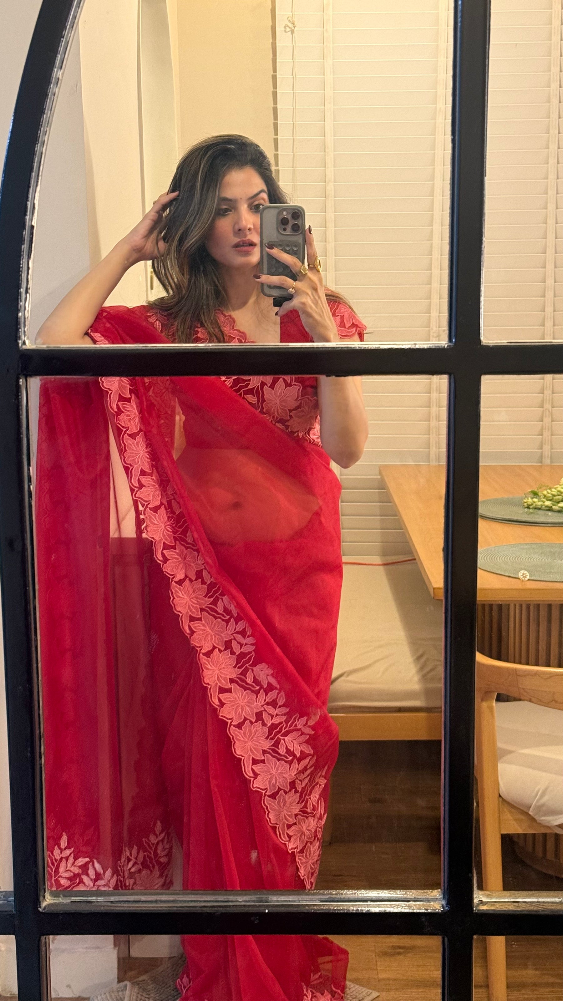 Scarlet Petal Embroidered Cutwork Soft Organza Saree
