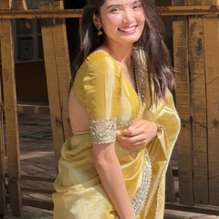 Yellow Gold Banarasi Rajkumari Mirror Work Tissue Silk Saree