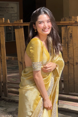 Yellow Gold Banarasi Rajkumari Mirror Work Tissue Silk Saree
