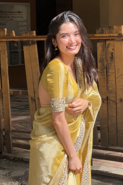 Yellow Gold Banarasi Rajkumari Mirror Work Tissue Silk Saree