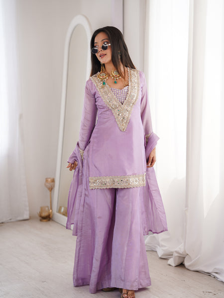 Orchid Lavender Afsara Mirror Work Tissue Sharara Suit Set