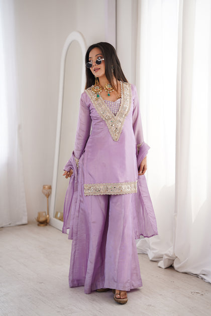 Orchid Lavender Afsara Mirror Work Tissue Sharara Suit Set