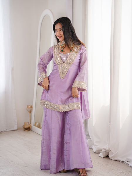Orchid Lavender Afsara Mirror Work Tissue Sharara Suit Set