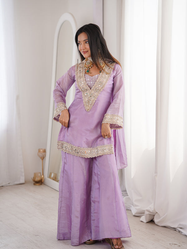 Orchid Lavender Afsara Mirror Work Tissue Sharara Suit Set