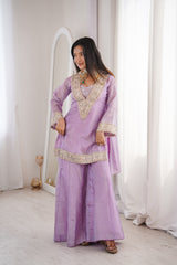 Orchid Lavender Afsara Mirror Work Tissue Sharara Suit Set