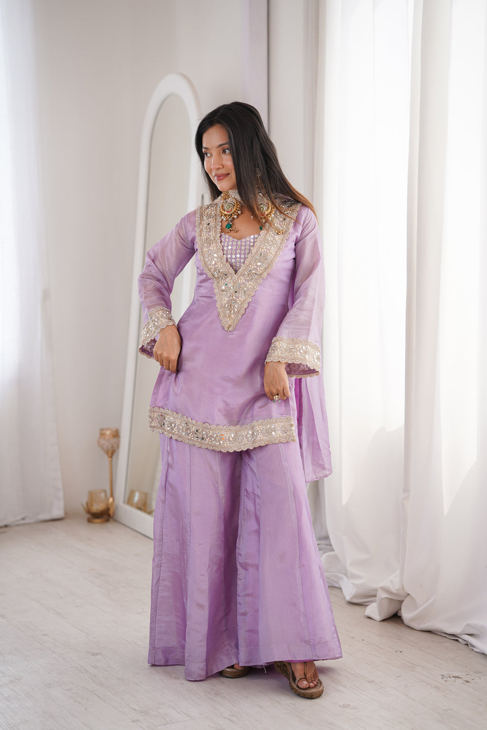 Orchid Lavender Afsara Mirror Work Tissue Sharara Suit Set