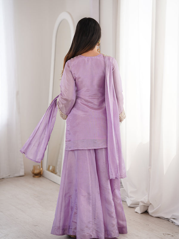 Orchid Lavender Afsara Mirror Work Tissue Sharara Suit Set
