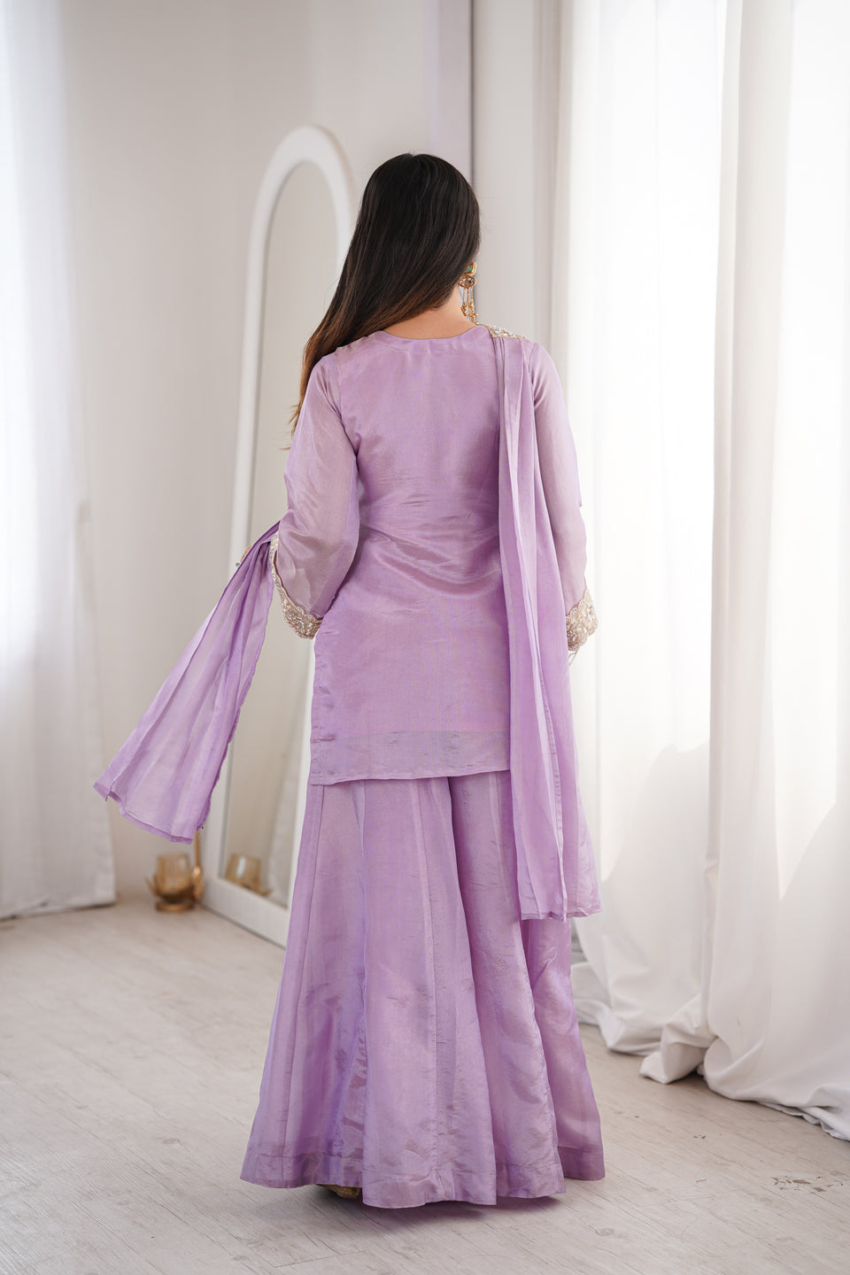 Orchid Lavender Afsara Mirror Work Tissue Sharara Suit Set