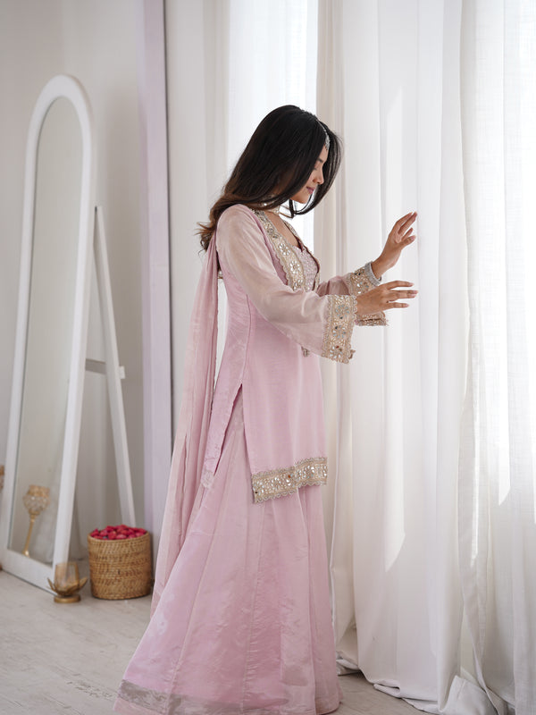 Subtle Pink Afsara Mirror Work Tissue Sharara Suit Set