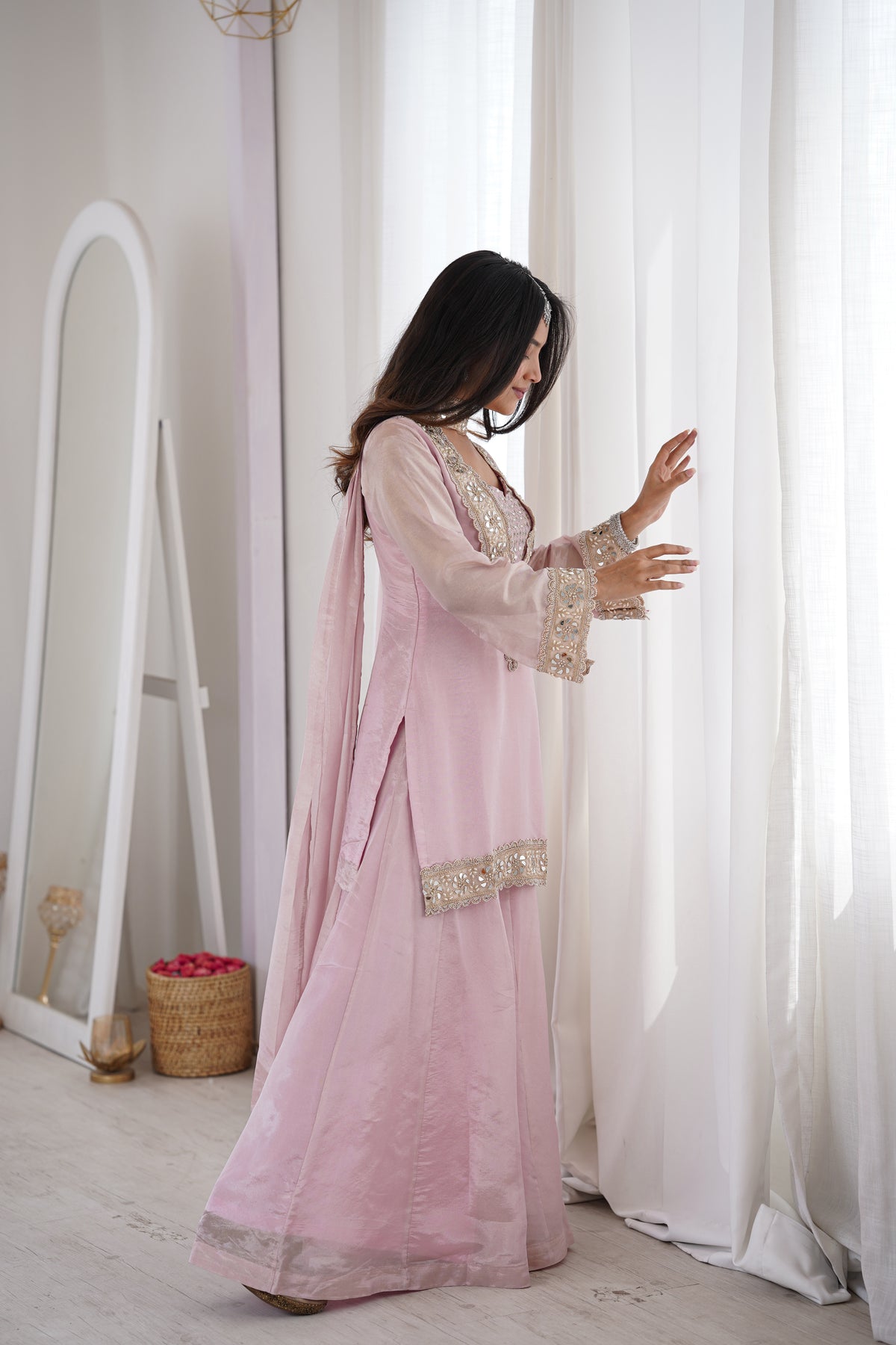 Subtle Pink Afsara Mirror Work Tissue Sharara Suit Set