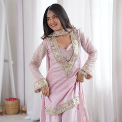 Subtle Pink Afsara Mirror Work Tissue Sharara Suit Set