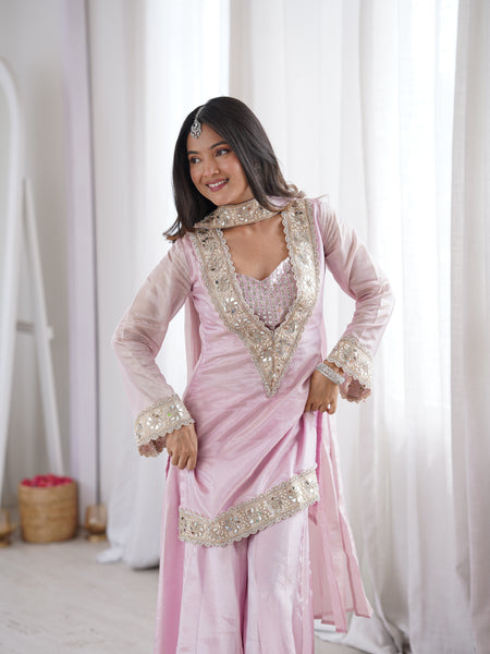 Subtle Pink Afsara Mirror Work Tissue Sharara Suit Set