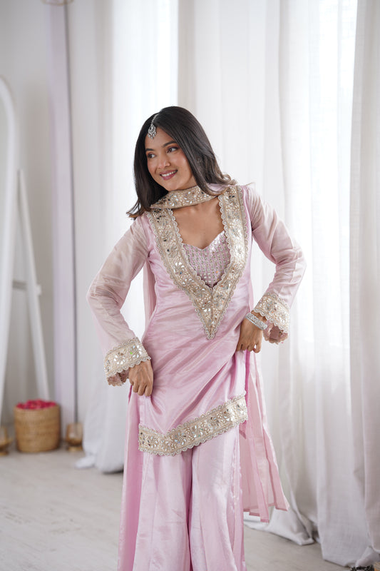Subtle Pink Afsara Mirror Work Tissue Sharara Suit Set