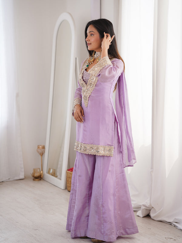 Orchid Lavender Afsara Mirror Work Tissue Sharara Suit Set