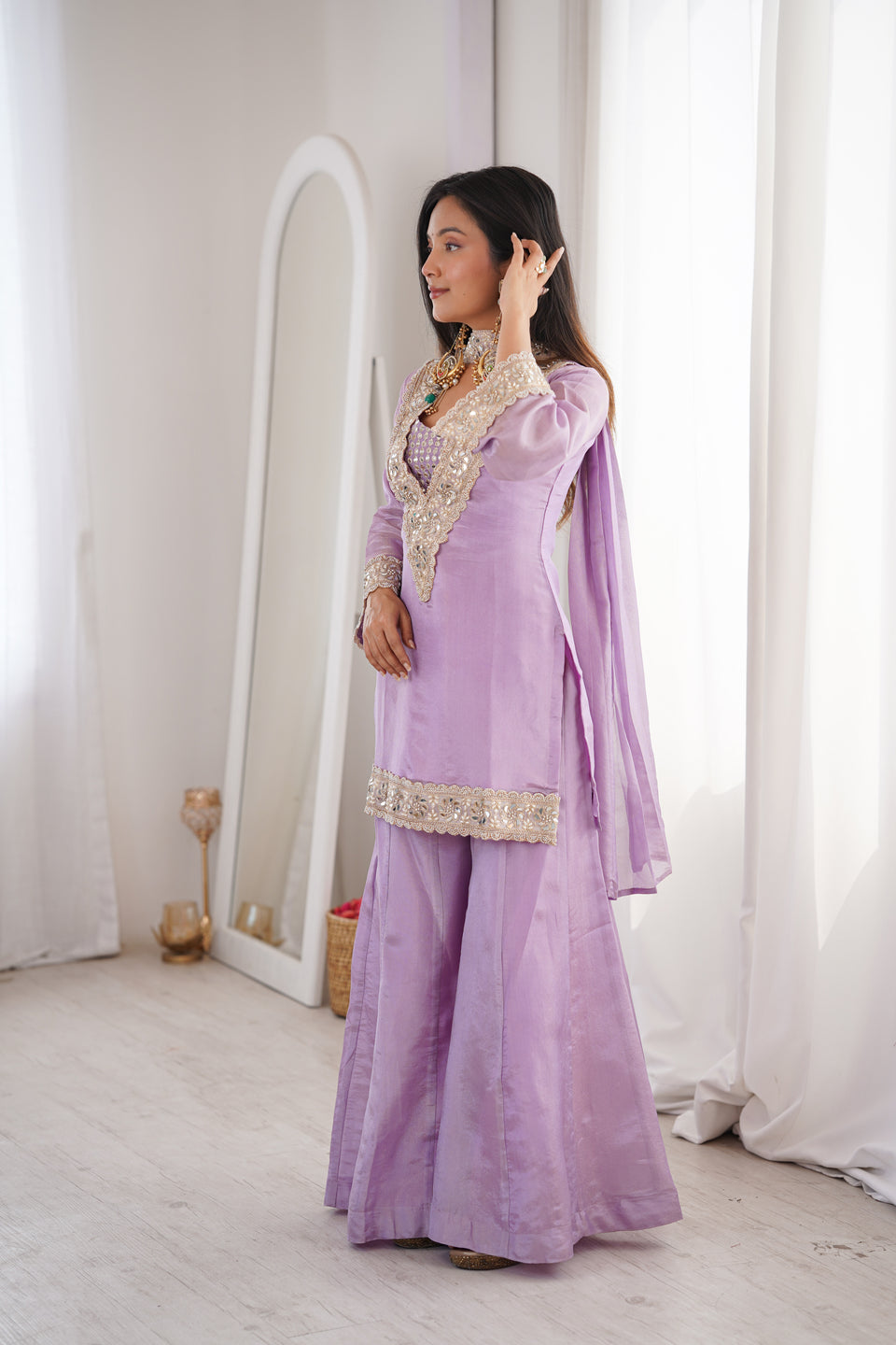 Orchid Lavender Afsara Mirror Work Tissue Sharara Suit Set