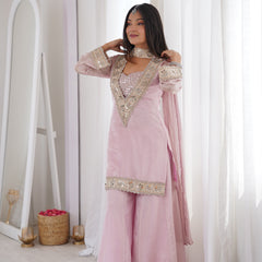 Subtle Pink Afsara Mirror Work Tissue Sharara Suit Set