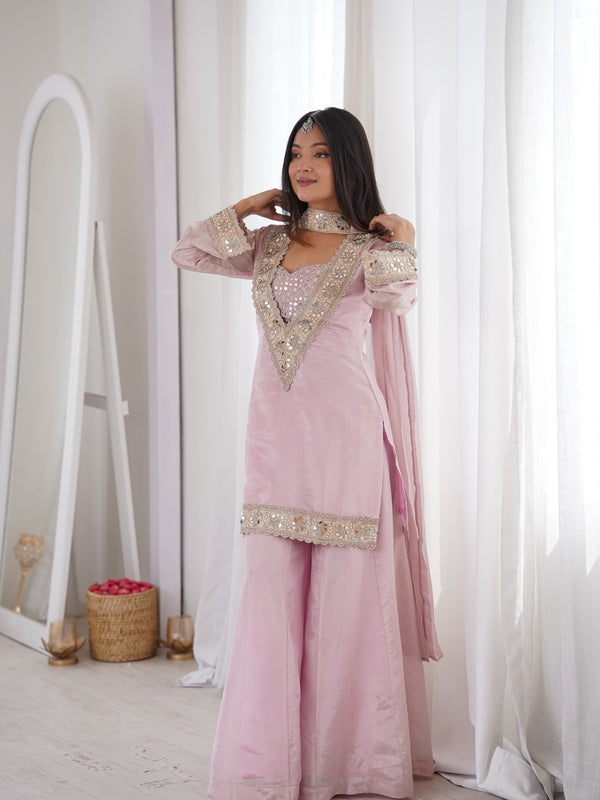 Subtle Pink Afsara Mirror Work Tissue Sharara Suit Set