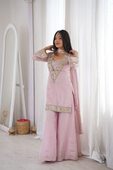Subtle Pink Afsara Mirror Work Tissue Sharara Suit Set