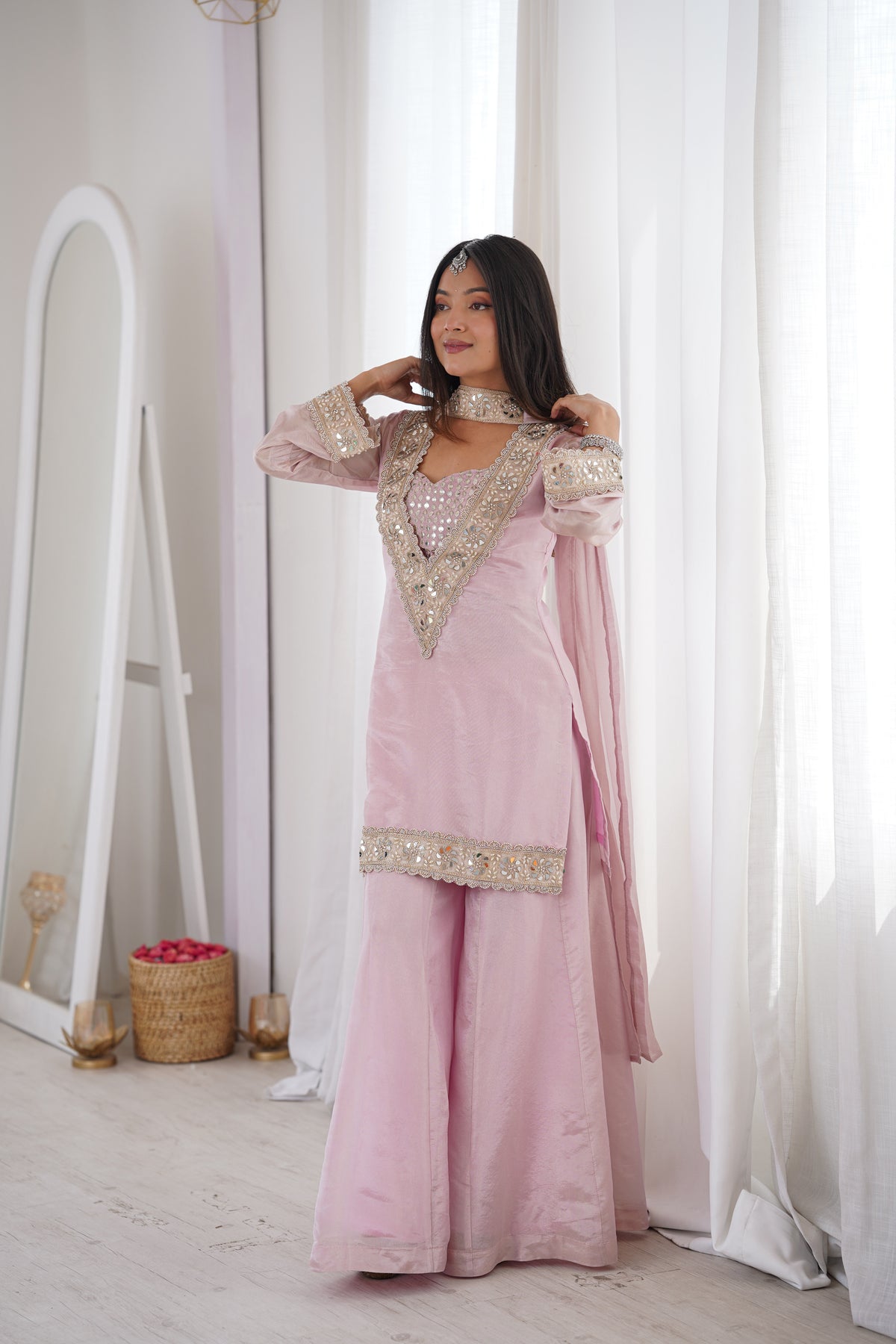 Subtle Pink Afsara Mirror Work Tissue Sharara Suit Set