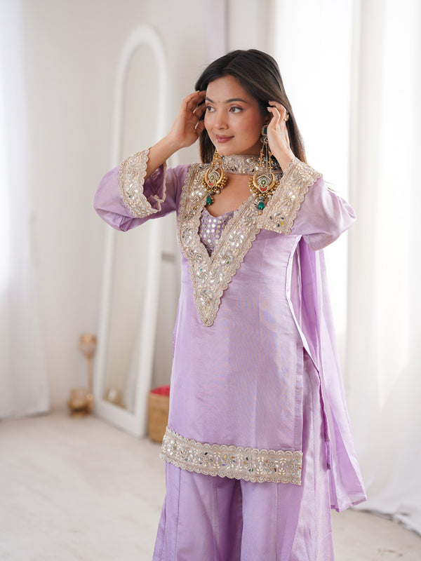 Orchid Lavender Afsara Mirror Work Tissue Sharara Suit Set